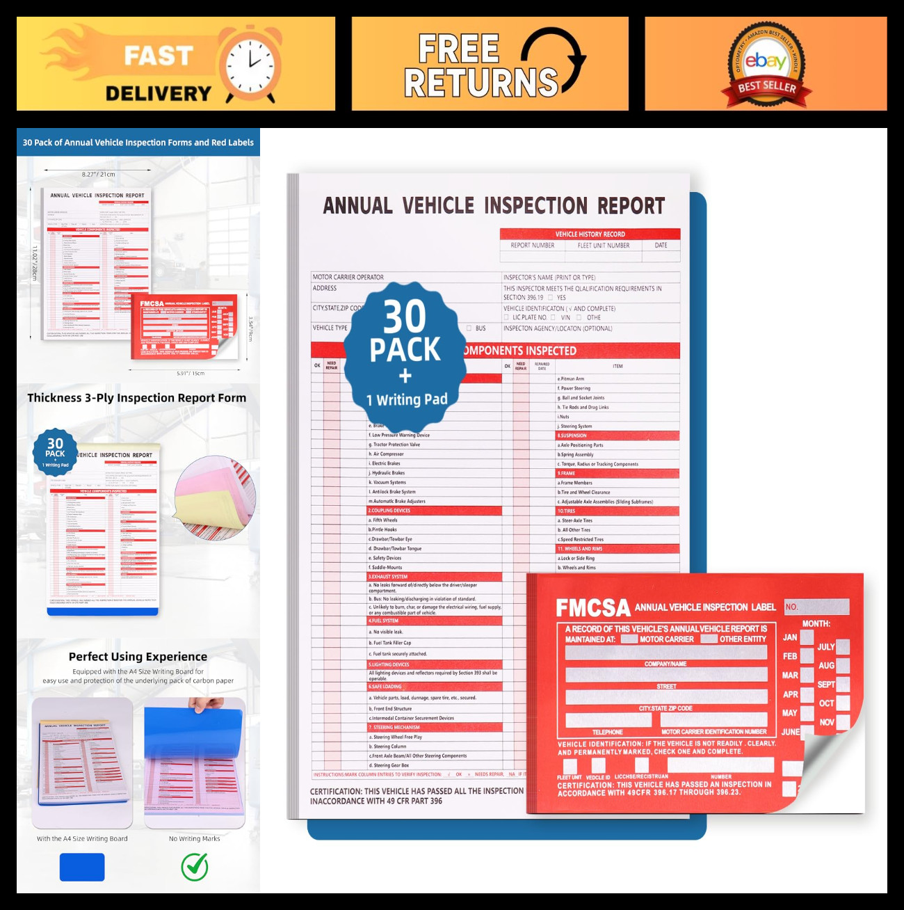 30-Pack Vehicle Inspection Report Forms, 3-Ply Carbonless & Hardboard, DOT Compl