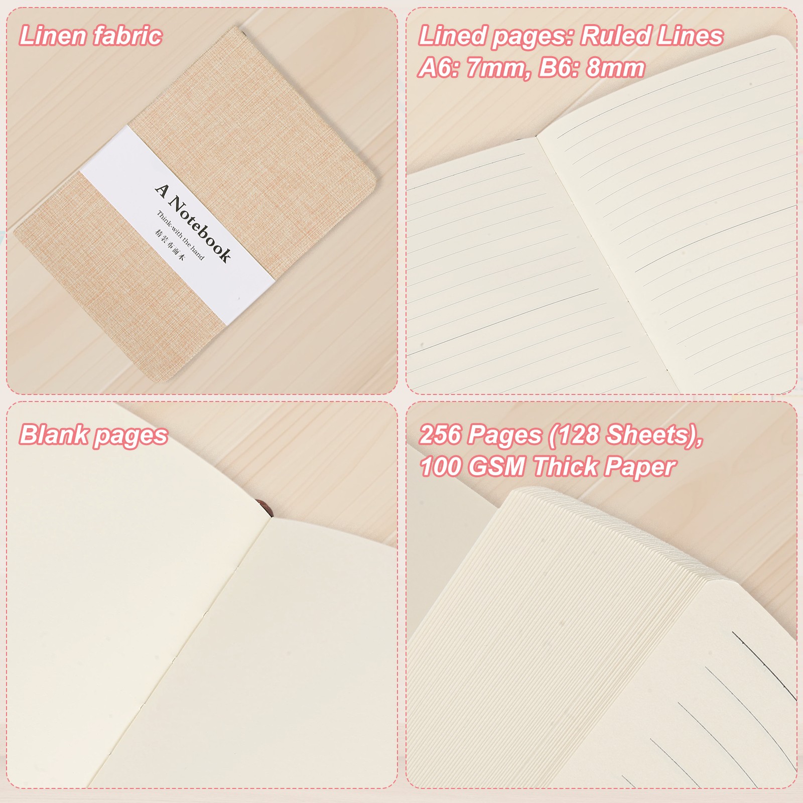 Linen Journal Notebook, 256 Pages 100 Gsm B6（5×7） Hardcover Journals (LightPink)