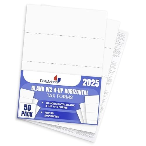 50 W2 Tax Forms 2025 – Blank 4-Up Horizontal for QuickBooks & Accounting, Easy U
