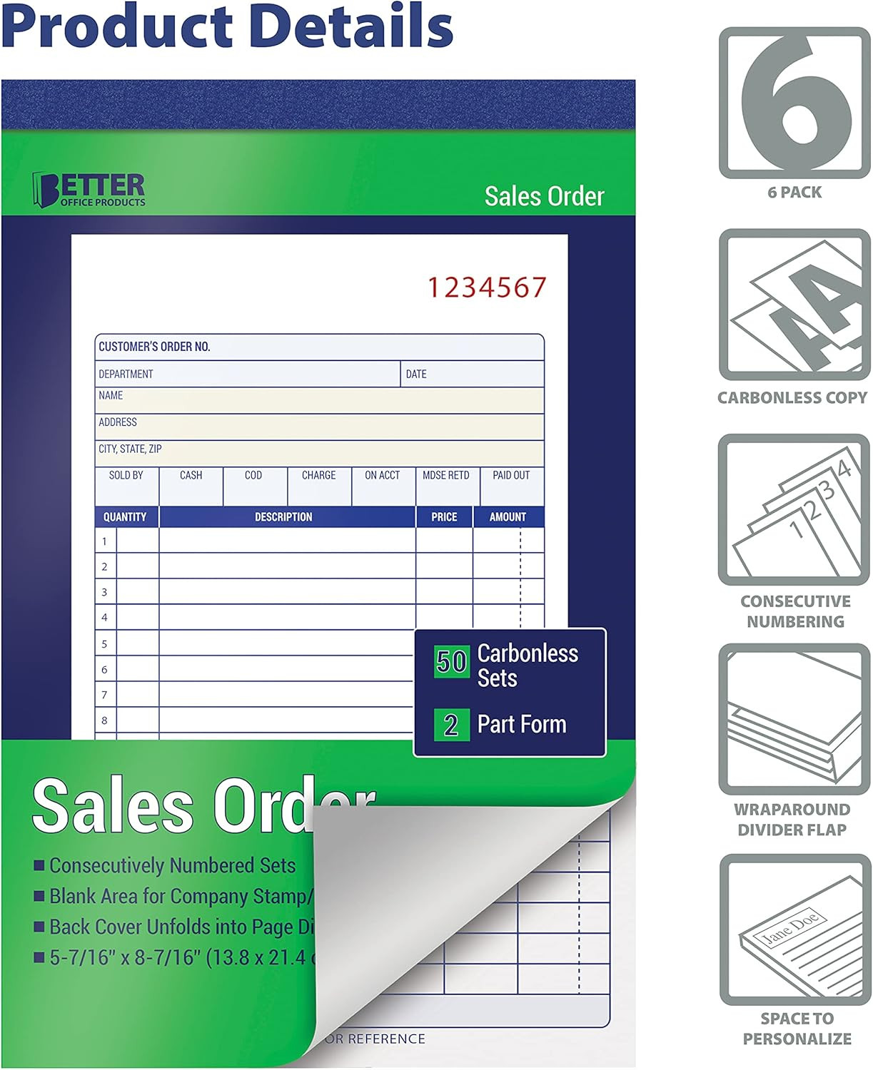 Better Office Products Sales Order Book, 6 Pack Sales Order Book 2 Part Carbonle
