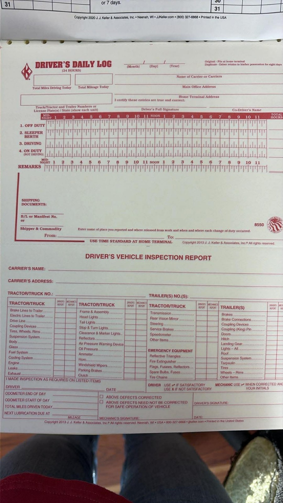 20 Pack Keller Premium Driver’s Daily Log #8550