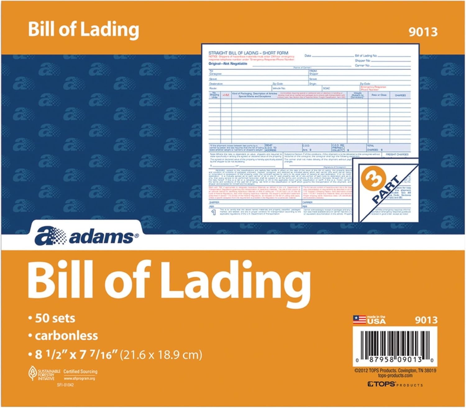 Adams Bill of Lading Short Form, 8.5 X 7.5 Inches, 3-part, 50-forms, White
