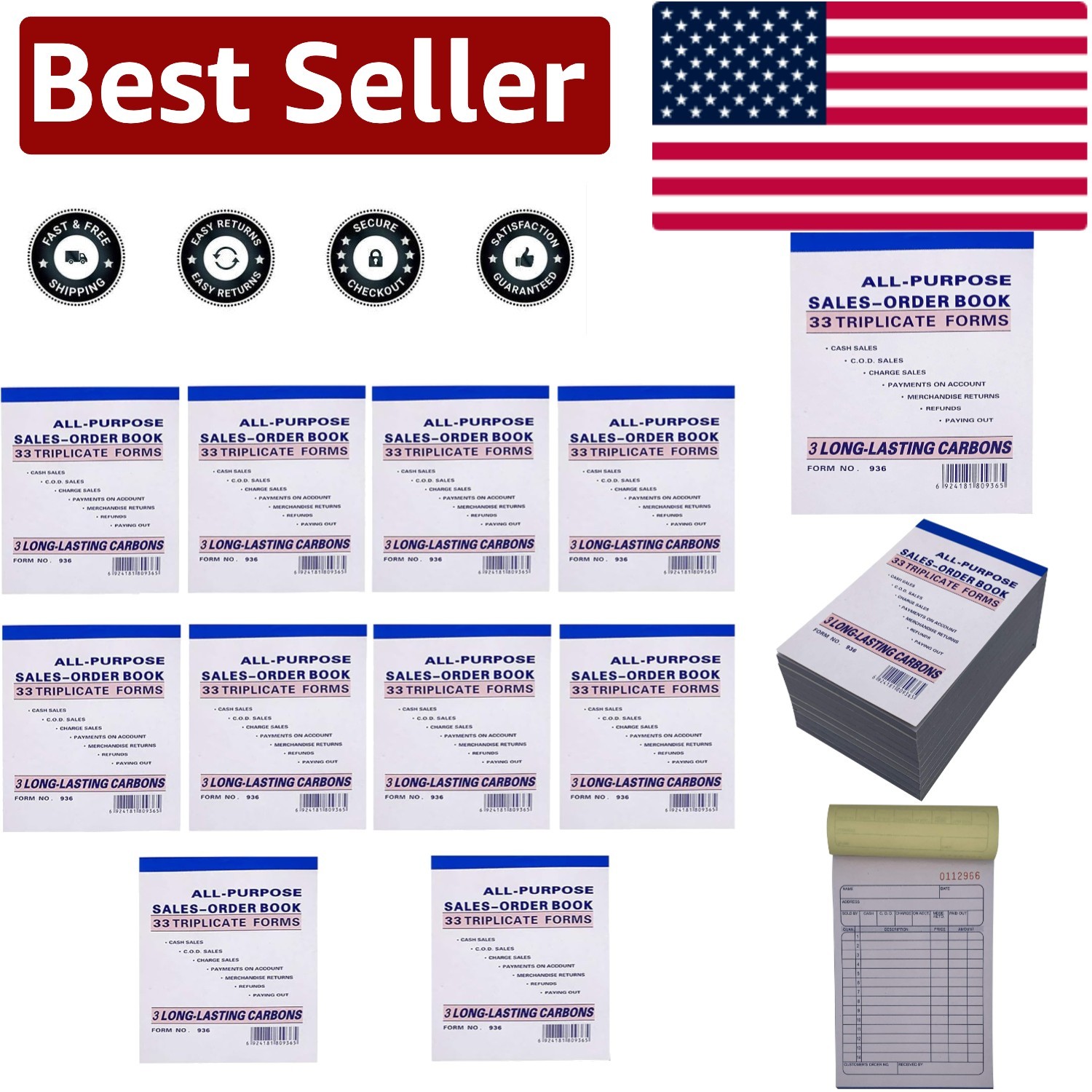 10 Carbonless Sales Order Books – Clear Triplicate Forms for Business 4.25×6.5”