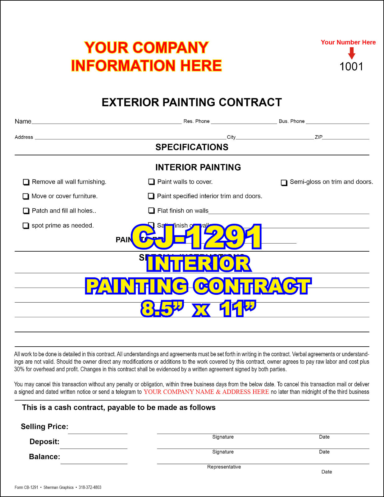 INTERIOR PAINTING CONTRACT Custom Printed 2 or 3 Part Carbonless