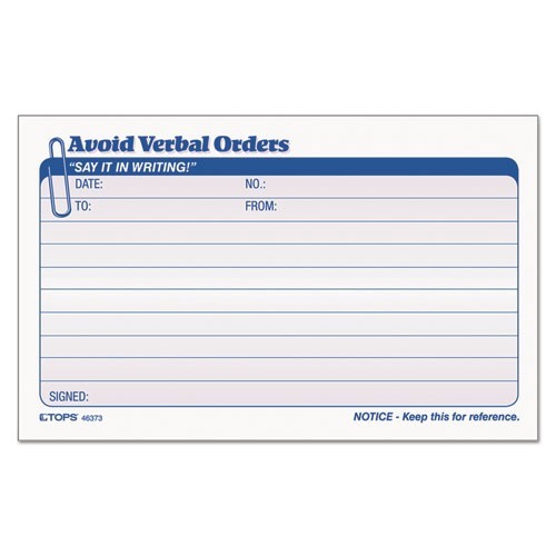 TOPS Avoid Verbal Orders Manifold Book, Two-Part Carbonless, 6.25×4.25, 50 Forms