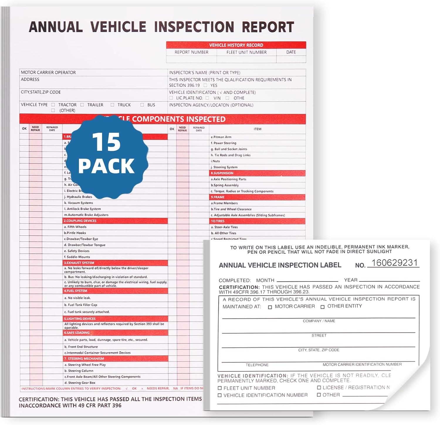 15 Pack 3 Ply Annual Vehicle Inspection Report with Hardboard Clipboard