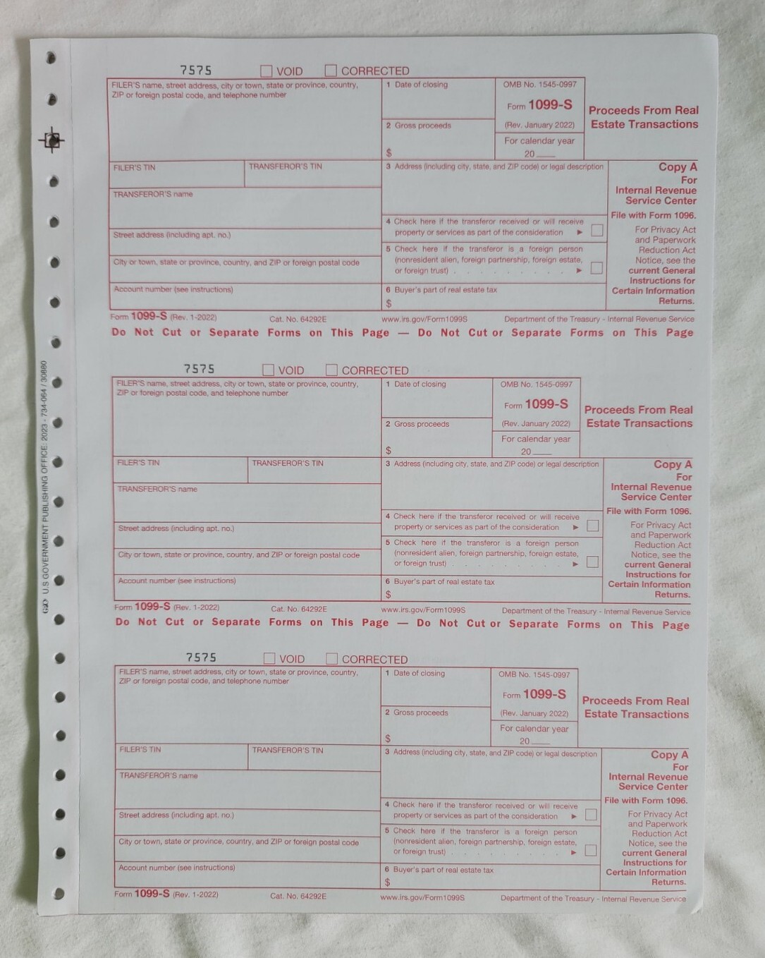1099-S 2025 IRS Proceeds From Real Estate single sheet set for 3 People, 3 part