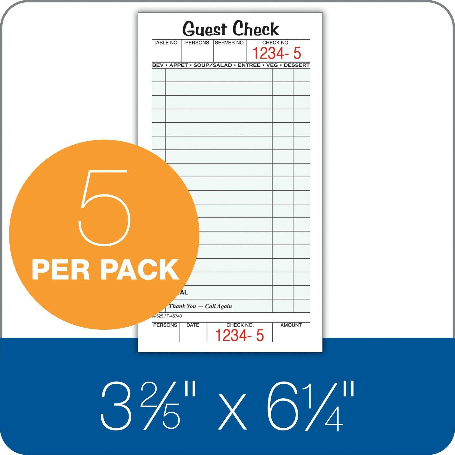 Adams 1-Part Guest Check Books, 3 2/5″ x 6 3/4″, 5 Pads Of 50 Sheets Each