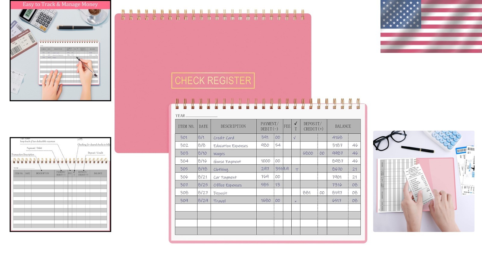 Financial Tracker Check Register Pink 100 Pages with Calendar and Receipt Pocket