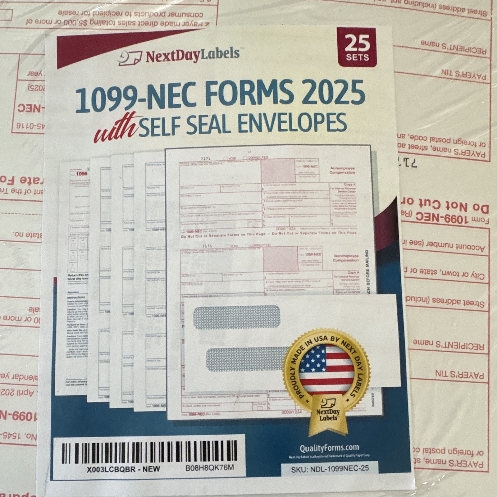 NextDayLabels 2025 1099-NEC Forms w/ Self-Seal Envelopes, 25 Sets NDL-1099NEC-25