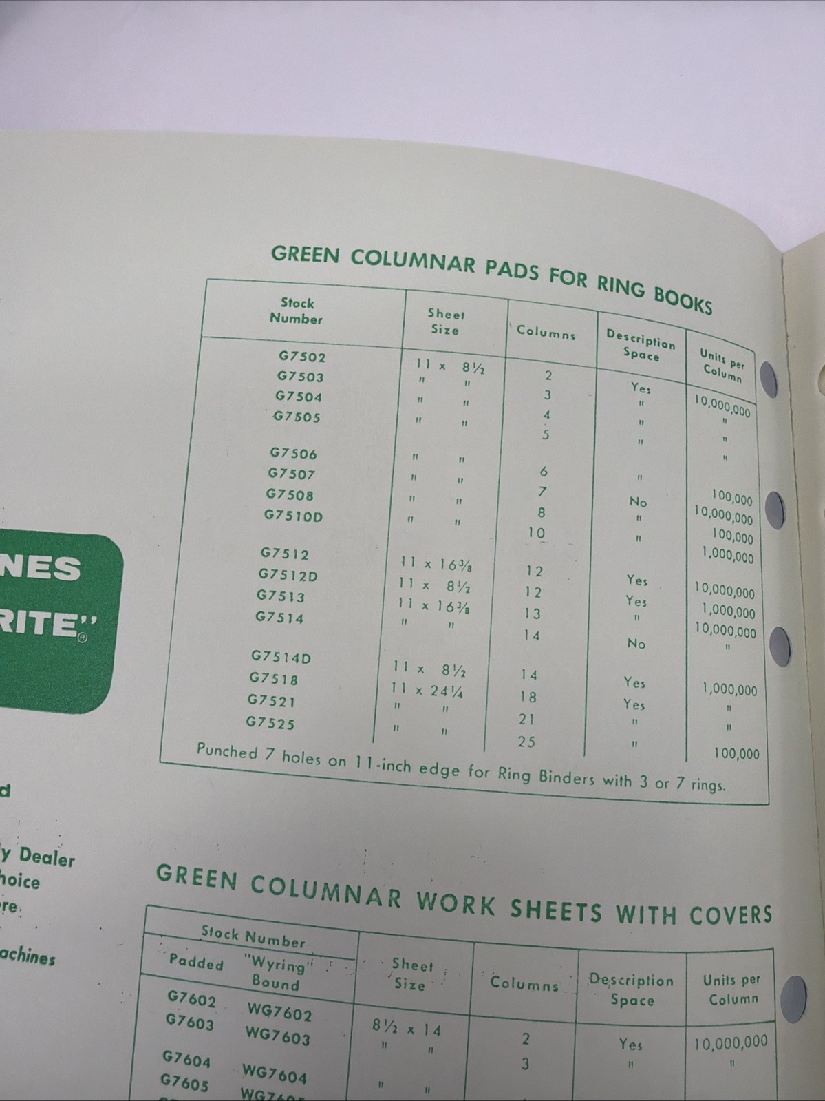 1968 Wilson Jones Write Columnar Pad Green G7506 6 Columns Accounting Ledger