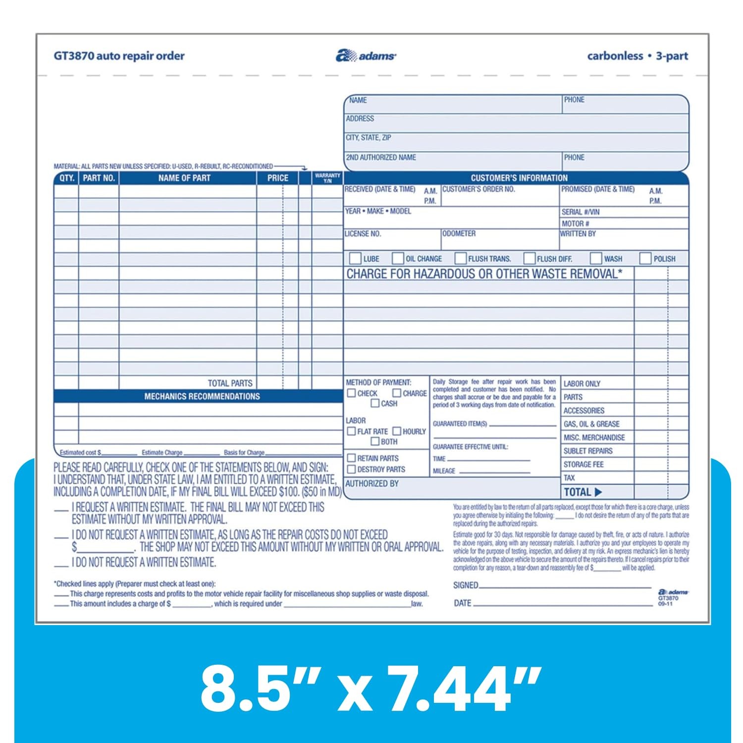 Adams Auto Repair Order Forms, 8.5 x 7.44 Inch, 3-Part, Carbonless, 50-Pack
