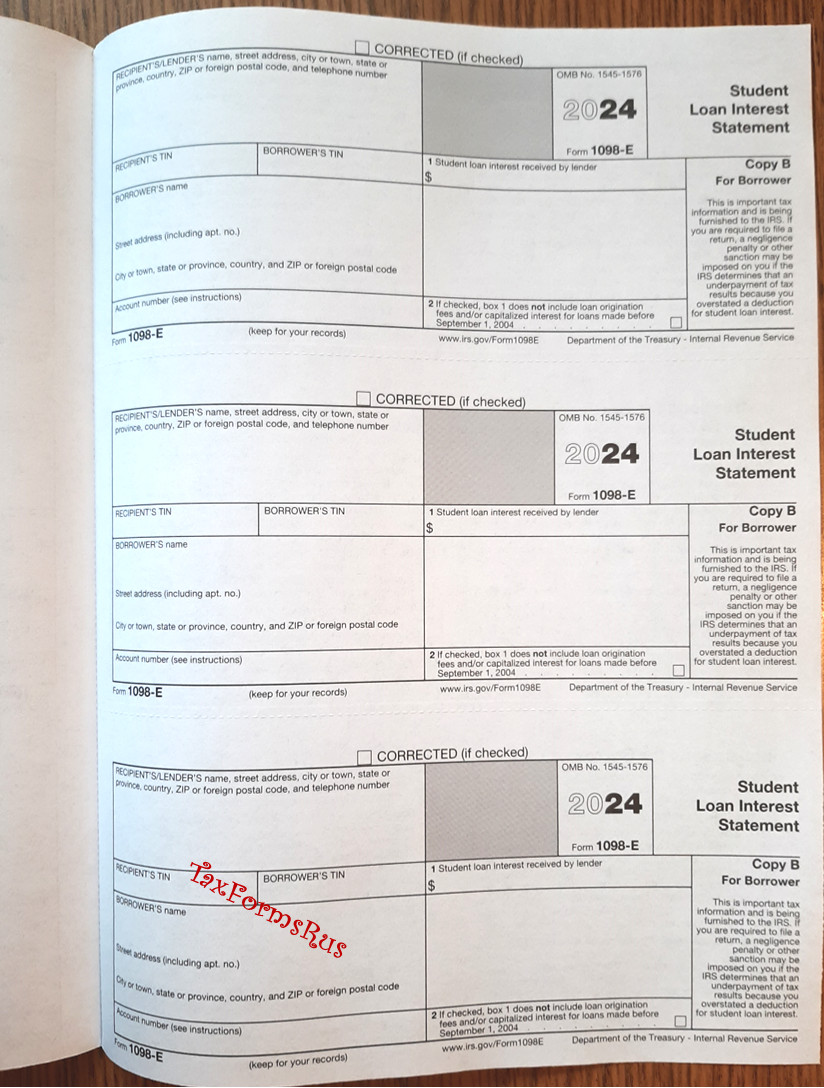 2024 IRS Tax Form 1098-E single sheet set for 3 borrowers, NONcarbonless 2pt 3up