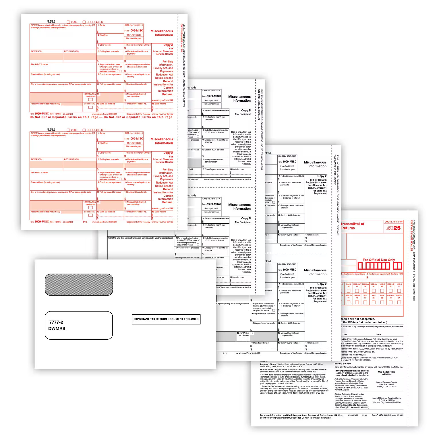 1099 Misc Forms 2025 + Envelopes, 1 to 25 Recipients for 2025 – Free Shipping