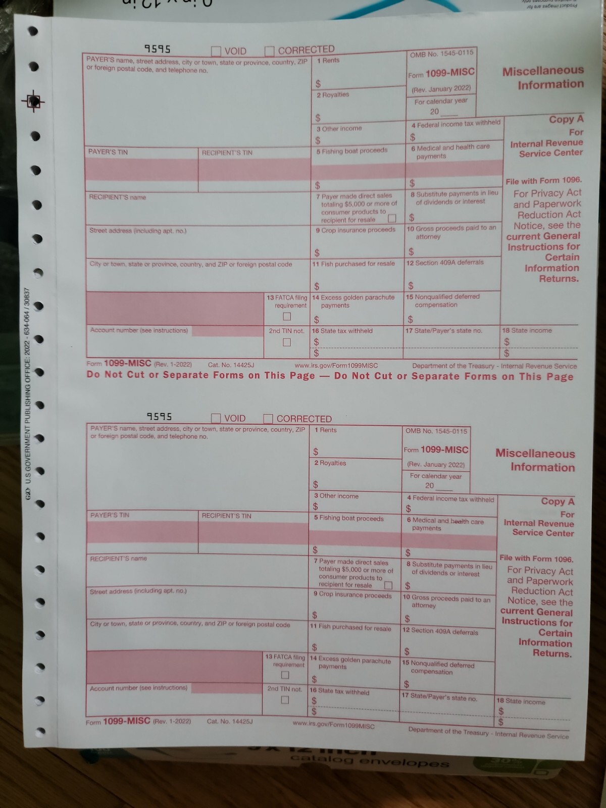 2025 IRS Tax Form 1099-MISC single sheet set for 2 recipients 5pt