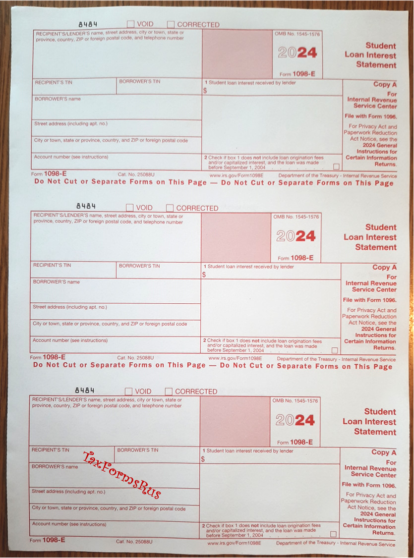 2024 IRS Tax Form 1098-E single sheet set for 3 borrowers, NONcarbonless 2pt 3up