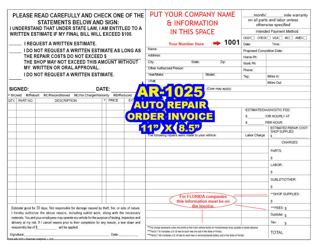 AUTOMOBILE GARAGE REPAIR INVOICE ORDER (Including Florida Repair Orders)