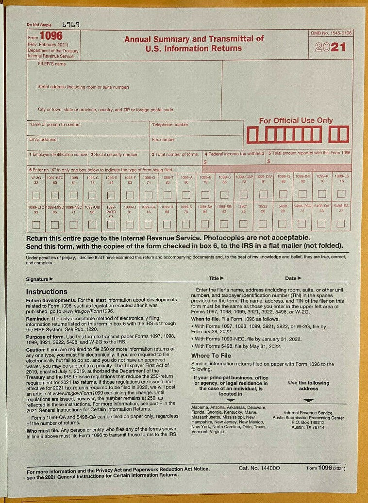 20 Tax Forms 1096 Annual Summary & Transmittal Year 2021
