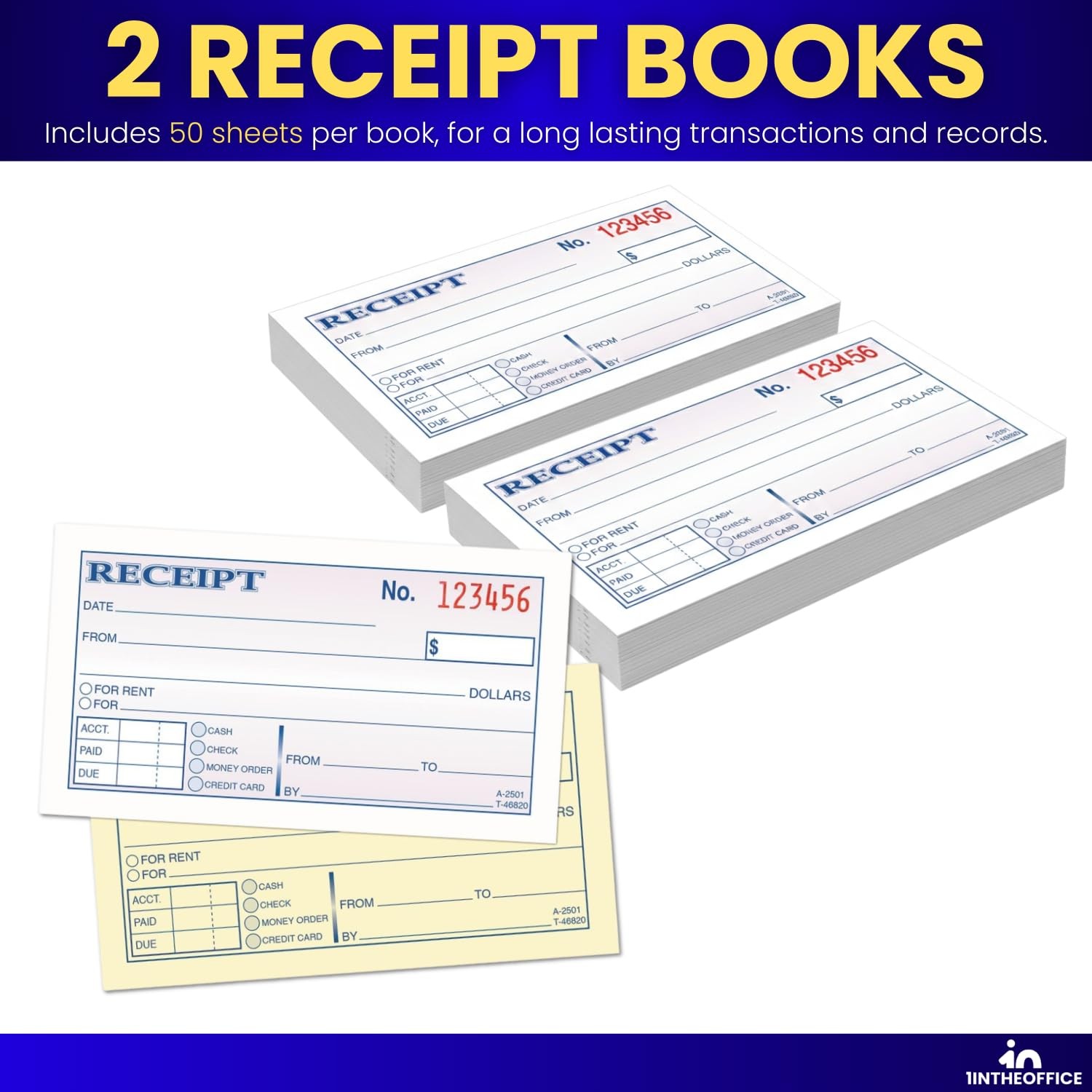 2 Books Money Rent Receipt 2Part Carbonless White Canary 50 Sets Journal