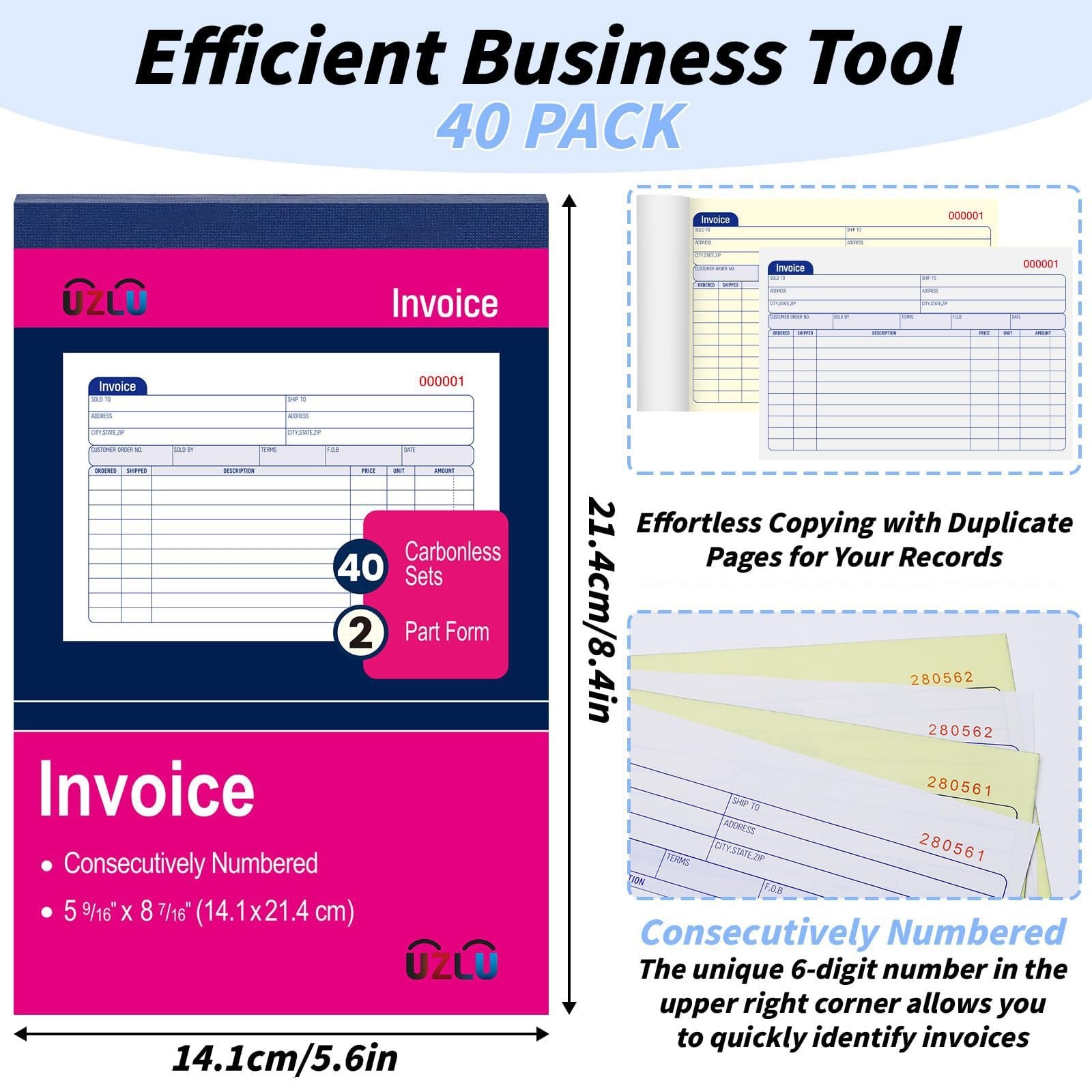40 Pack Carbonless Invoice Books 2 Part, Small Business Receipt Pads, 5.5″x8.5
