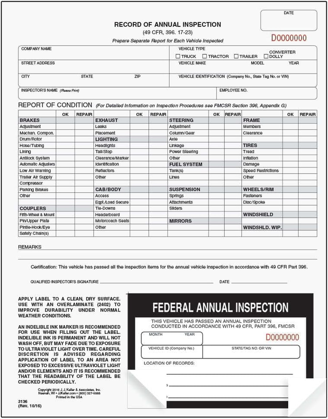 Record of Annual Inspection Form 2-Ply Carbonless 25-Pack with Inspection Labels
