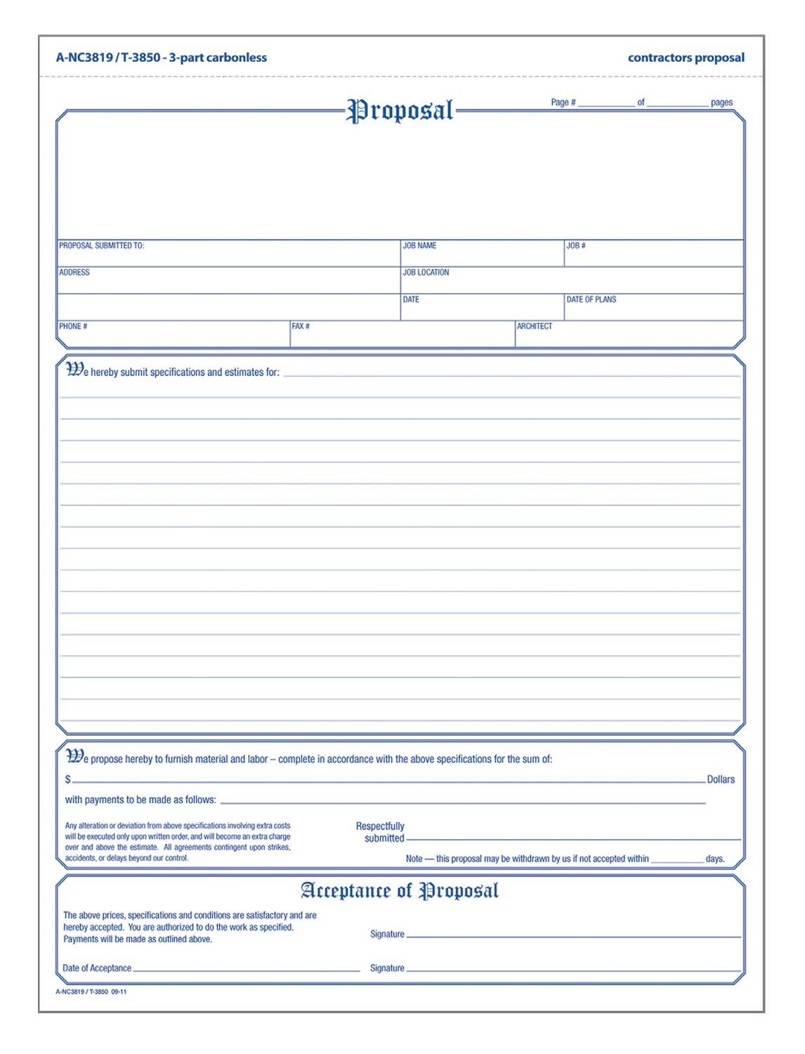 Contractor Proposal Forms 3-Part Carbonless 50-Pack 8.5×11 Inch White Pink Canar