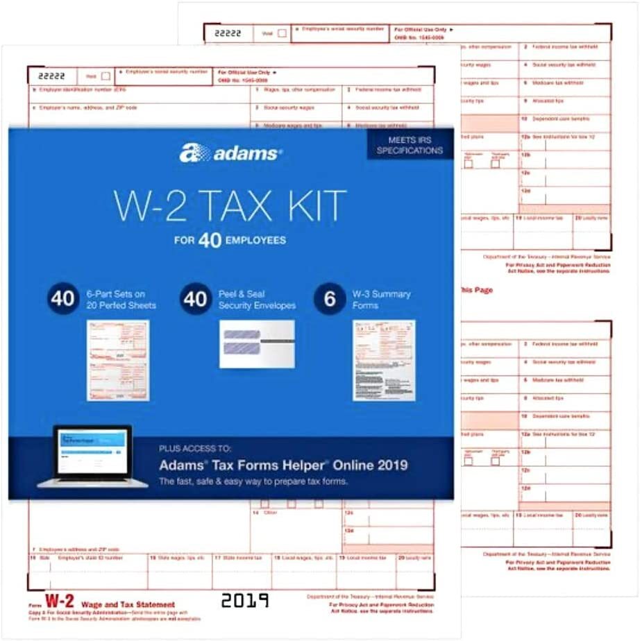 2019 40 EMPLOYEE ADAMS W-2 W2 KIT 6-PART IRS TAX FORMS LASER INKJET + ENVELOPES