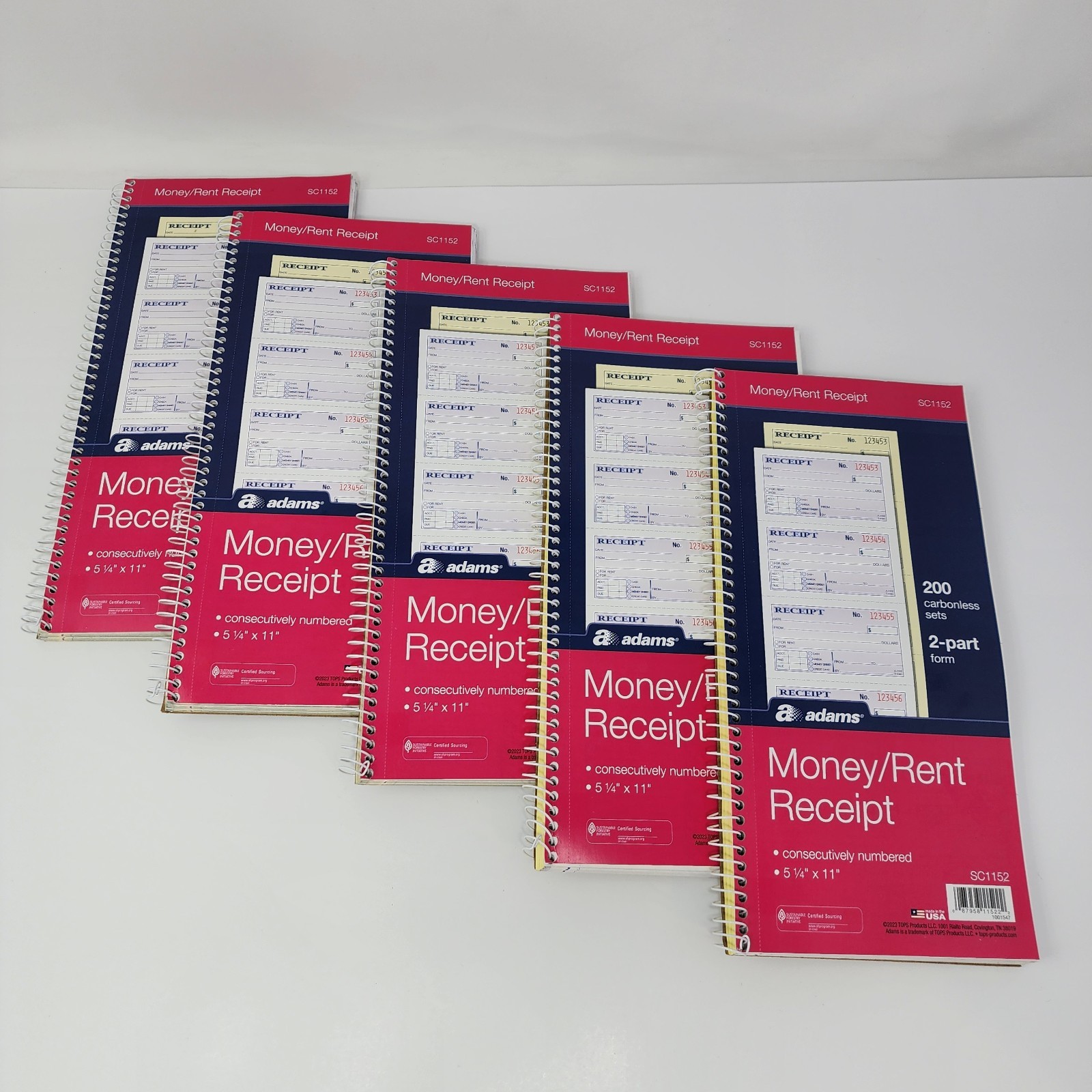 Adams Money Rent Receipt Book 2-Part Carbonless, 200 Sets per Book (5 Pack)