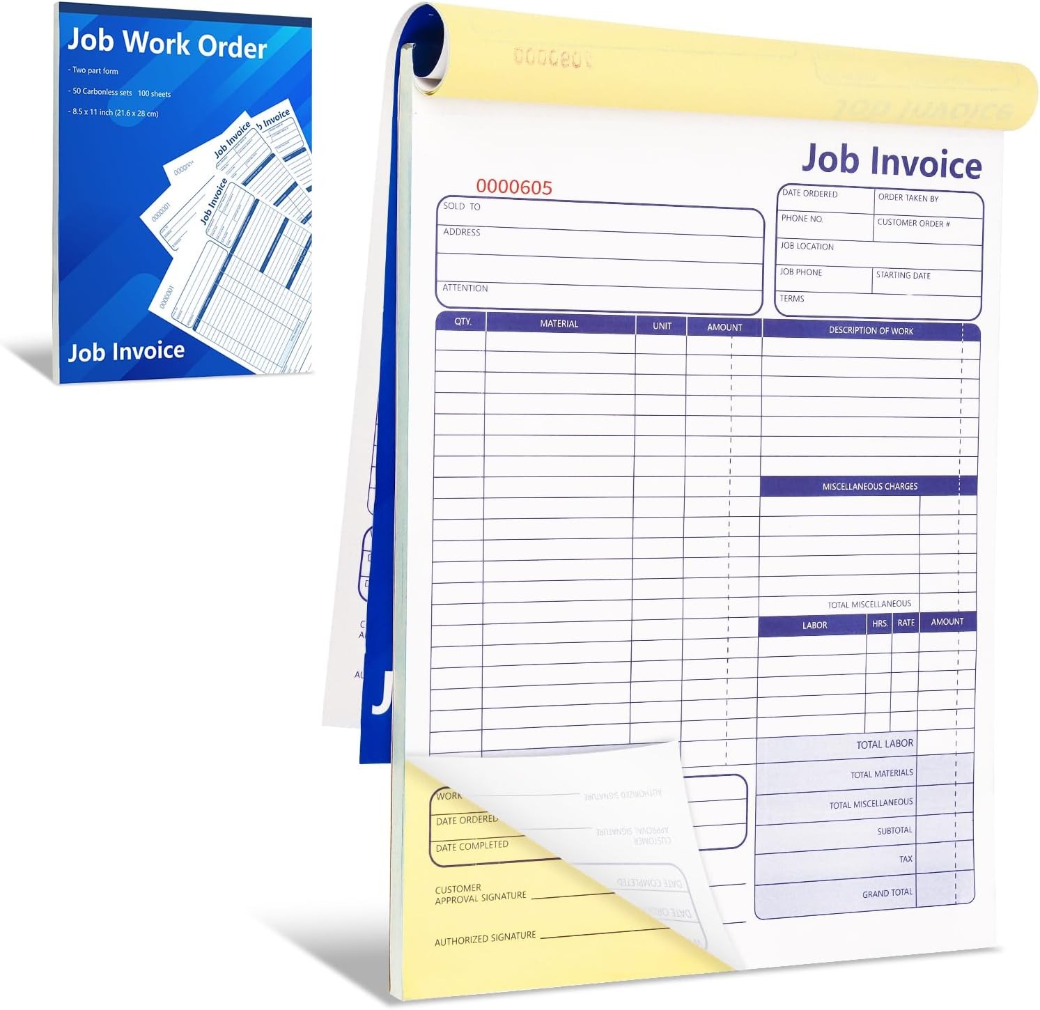 50 Set Job Work Order Forms Job Invoice Forms Invoice Receipt Book Contractor