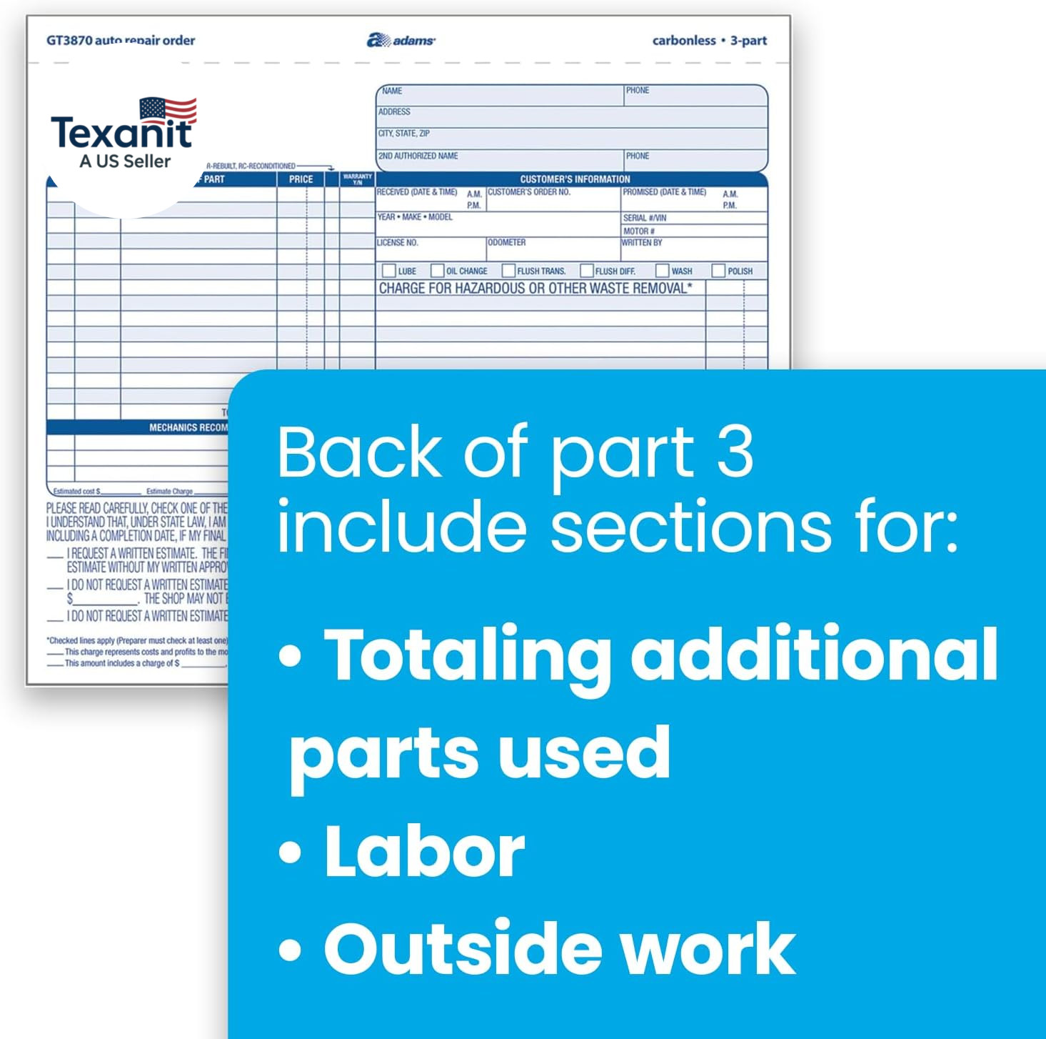 Auto Repair Order Forms, 8.5 X 7.44 Inch, 3-Part, Carbonless, 50-Pack, White and