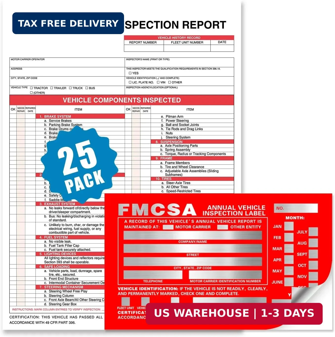 Annual Vehicle Inspection Report Form 25-pk 3-Ply Carbonless, 8.5″ x 11.75″