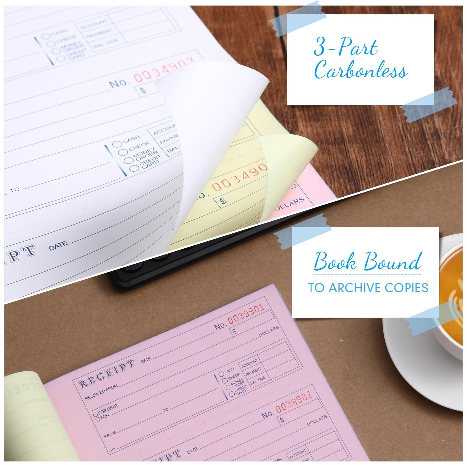 10 Sets Carbonless Money & Rent Receipt Books – 3-Part, 25 Sets/Book, Log Book