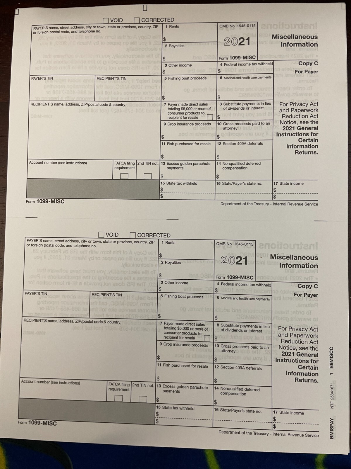 2021 1099 MISC – (1) For 2 Recipients – 3-Part Set with env – Laser