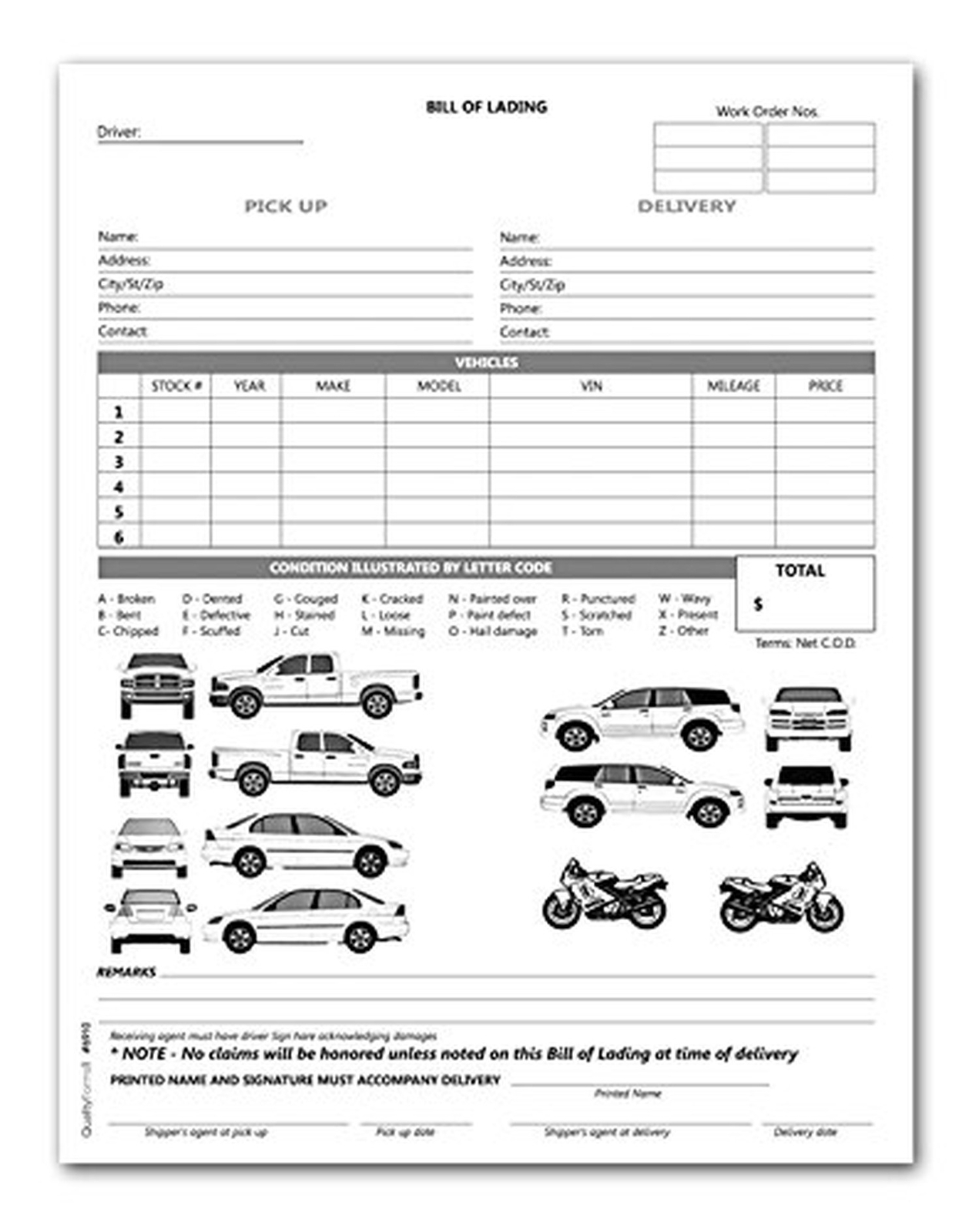 2 Part Vehicle Transport Bill of Lading Form (White/Yellow) White/Yellow