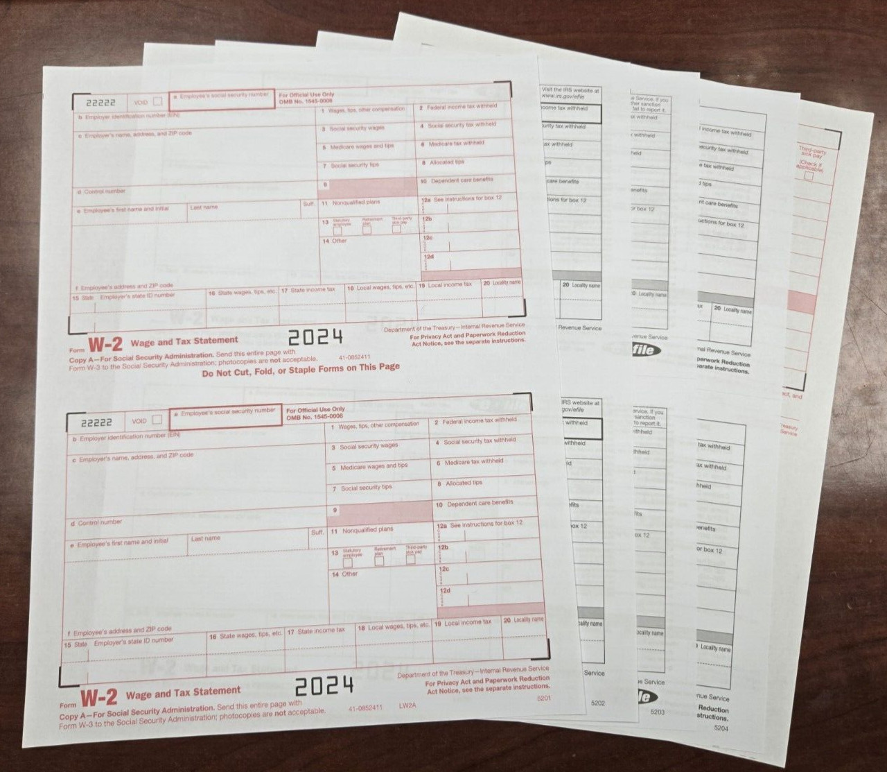 2024 IRS Tax Form W-2 – 10 employees LASER 4 Pt + (2) W-3 – No Envelopes