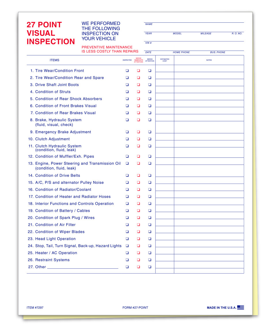27 POINT VISUAL INSPECTION CAR SHEET 2 PART FORM #27 POINT 100 PER PACK DEALER