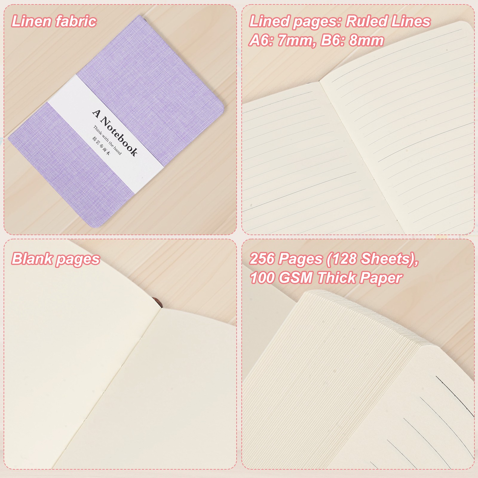 Linen Journal Notebook, 256 Pages 100 Gsm B6（5×7） Hardcover Journals (Purple)