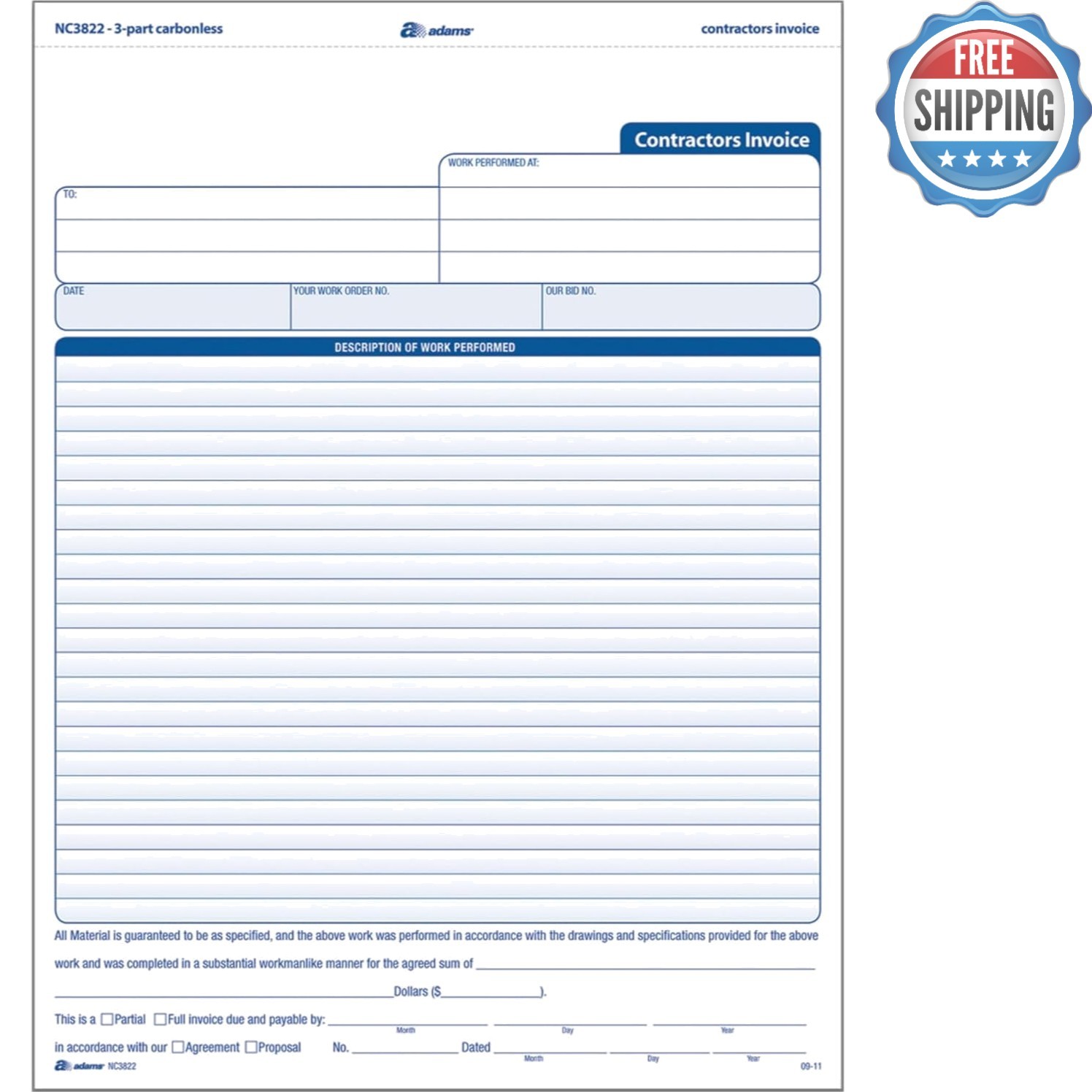 Customizable 3-Part Carbonless Invoice Forms, 100 Pack, Perfect for Contractors
