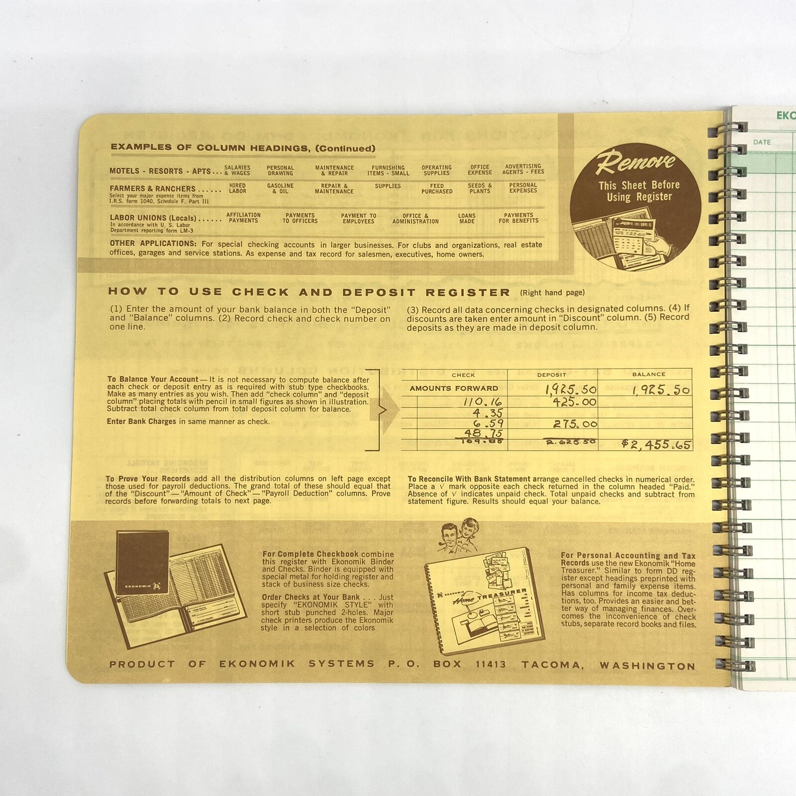 Vintage Ekonomik Wirebound Form DD Check Register 1965 Printed In USA