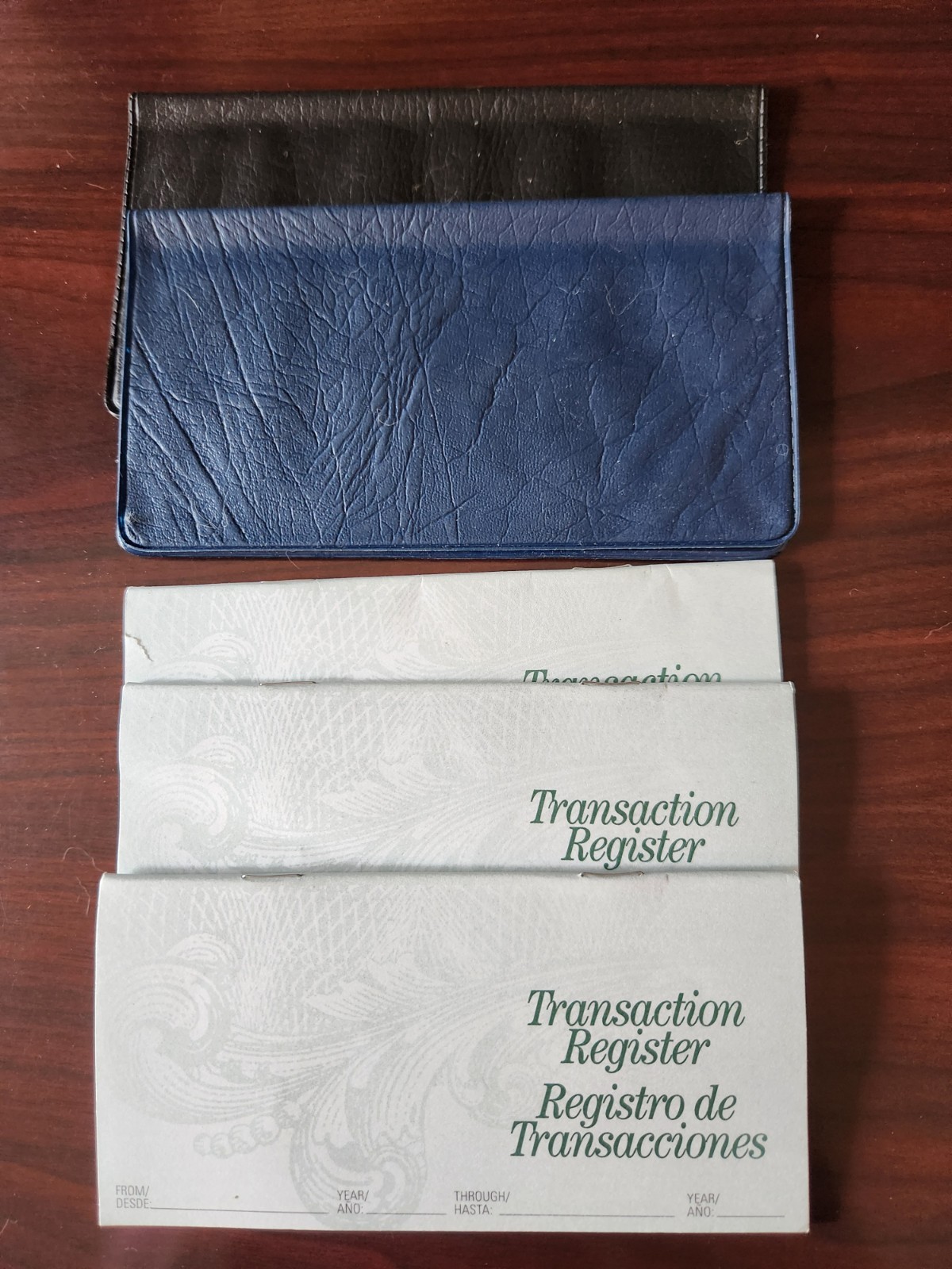 Three Checkbook Transaction Registers & Two Checkbook Covers Blue Black