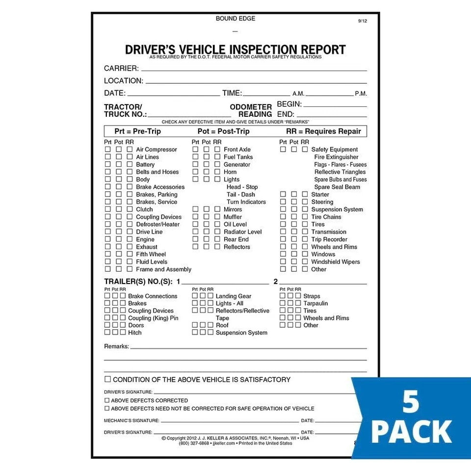 Detailed Driver_s Vehicle Inspection Report (pre- & Post-trip) 5-pk. – Book