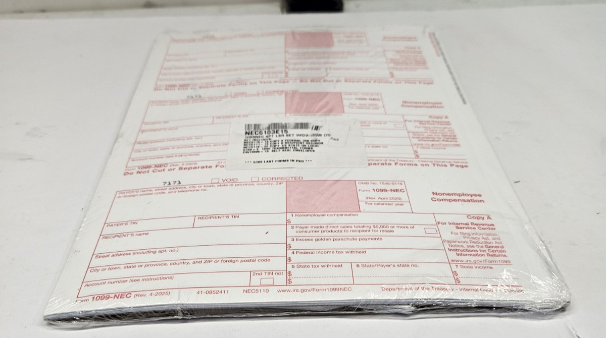 2025 IRS Tax Form 1099-NEC 4pt LSR Set w/Envelopes 15 Pack #N6103E15