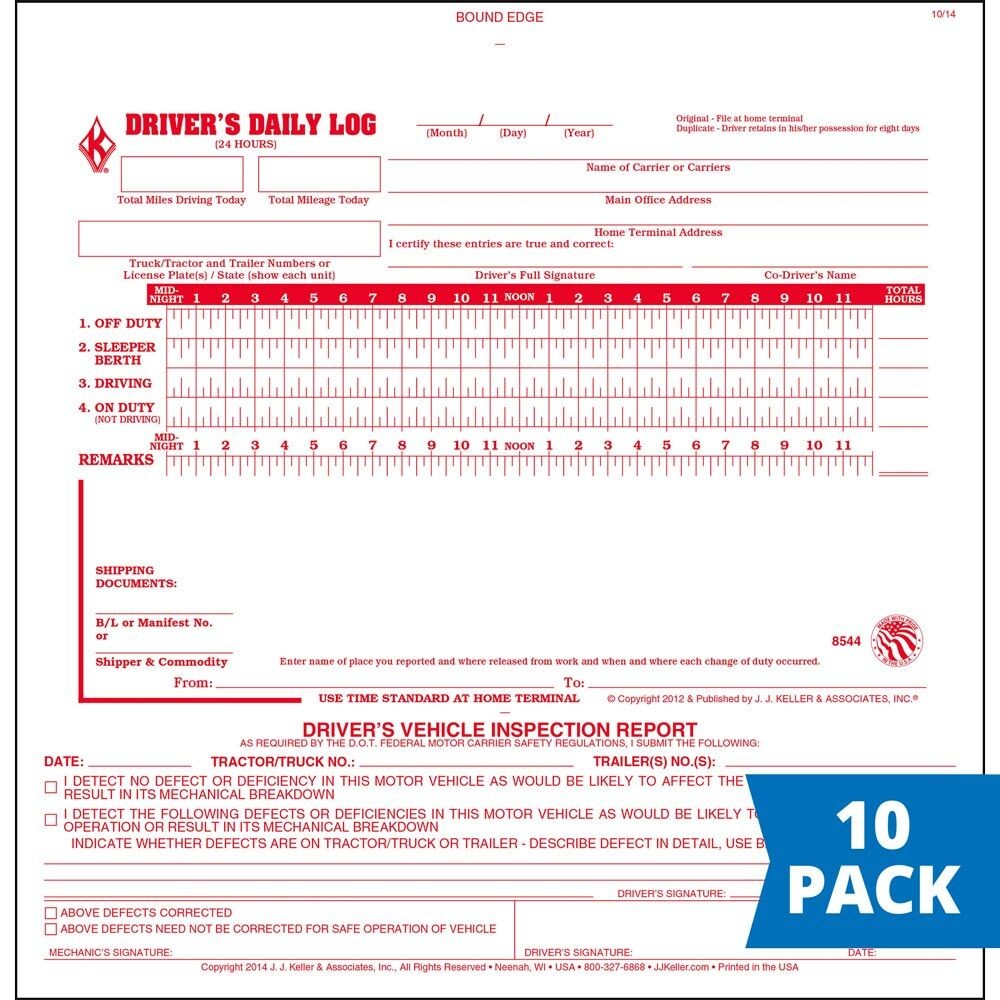 2-in-1 Driver Daily Log Book with Simplified DVIR, 2-Ply Carbonless, 10-pk.