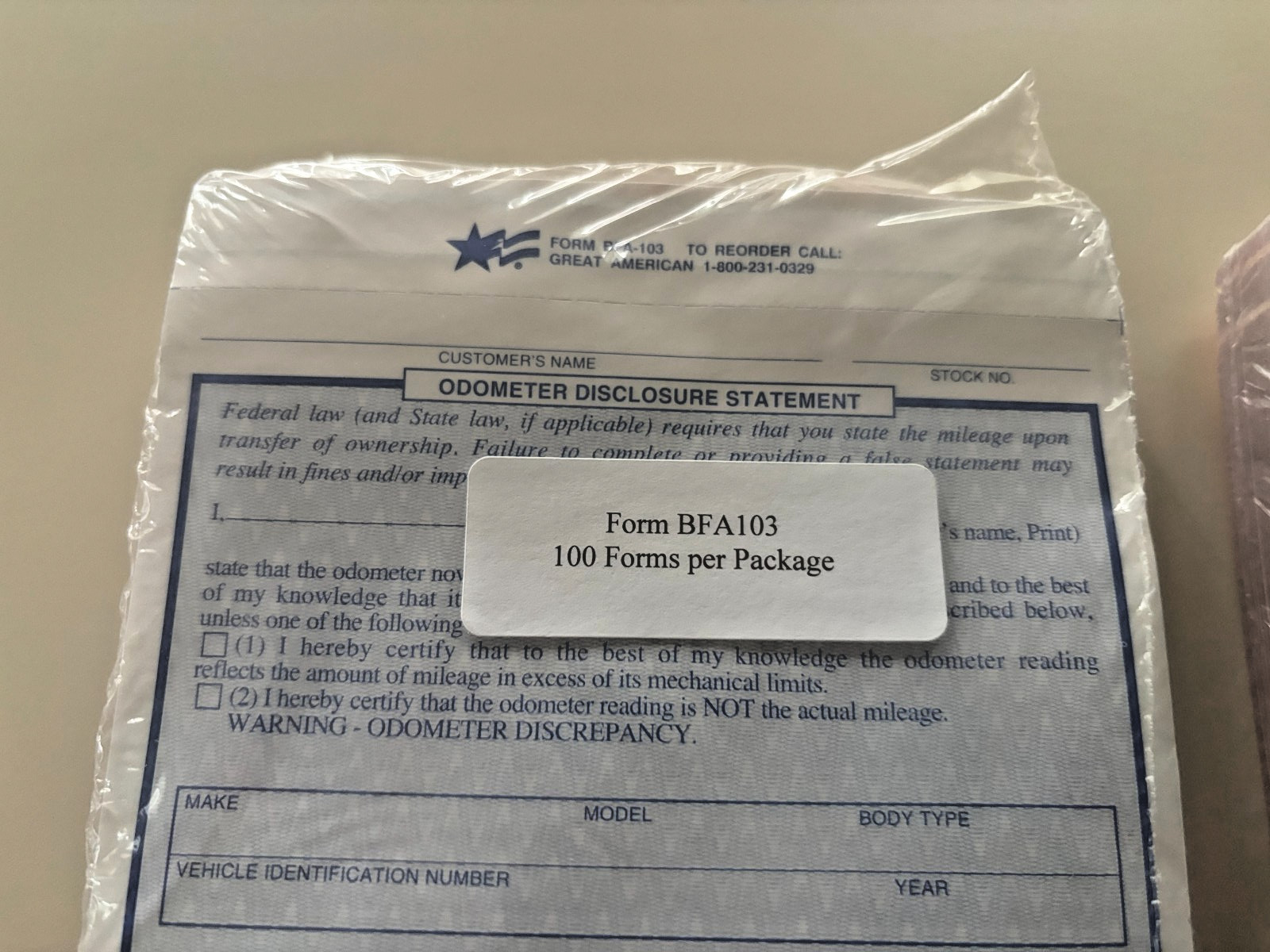 Odometer Disclosure Statement Great American BFA-103 Form 200+ Forms 1 Low Price