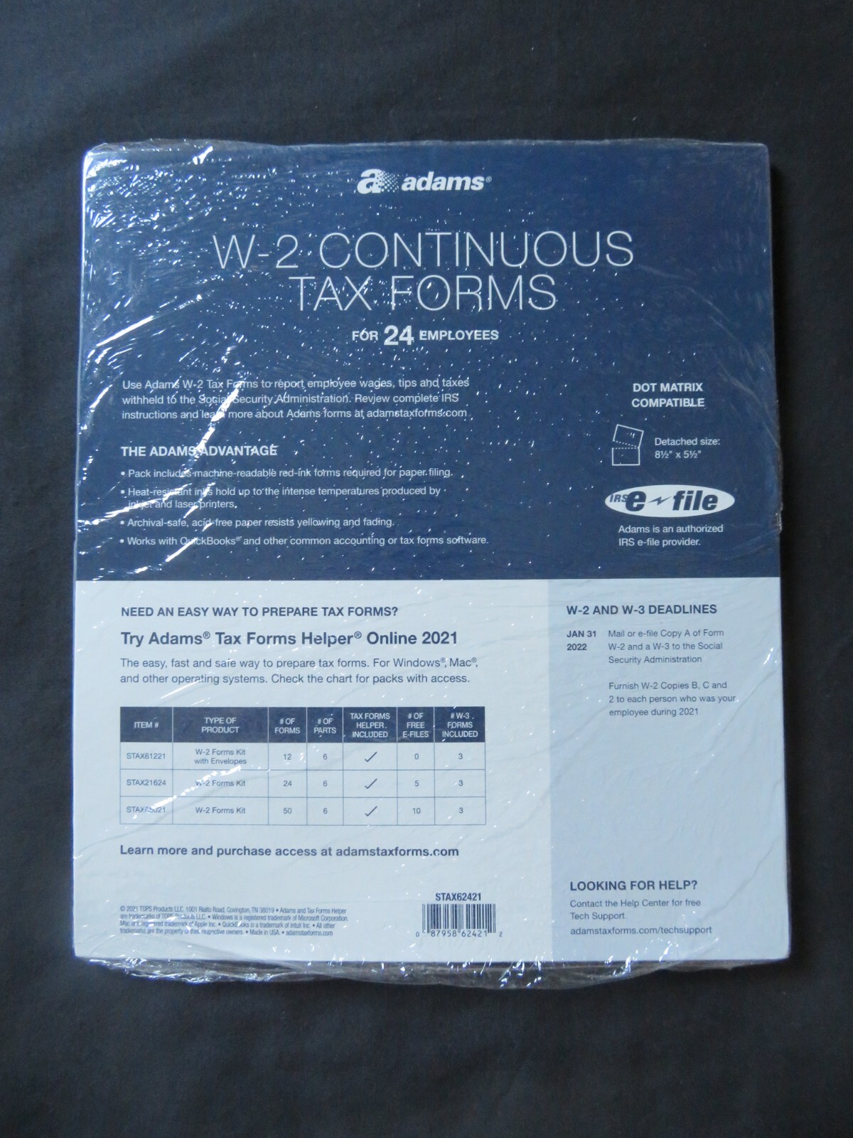 2021 Adams W-2 Continuous Tax Forms 24 6-Part Sets, 3 W-3 Summary Forms