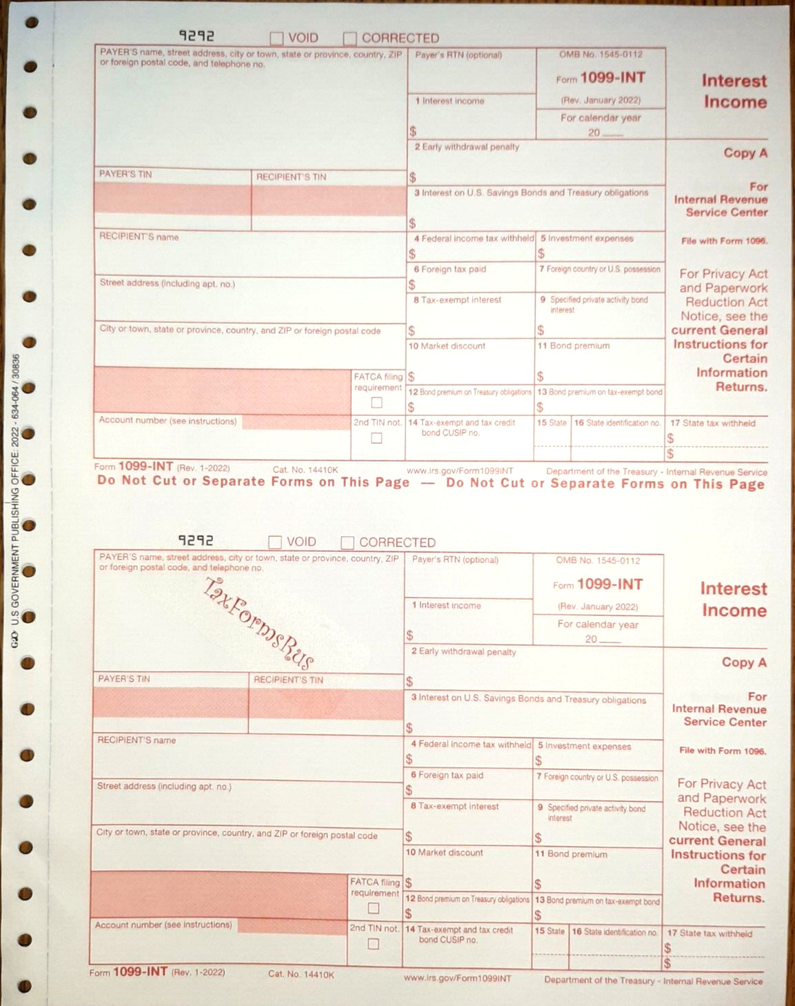 Undated IRS Tax Form 1099-INT single sheet set for 2 recipients carbonless 5-pt