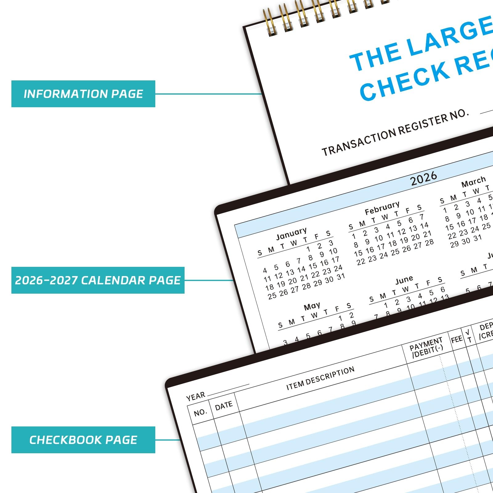 Checkbook Register Book, Large Print Spiral Bound 8.5” x 6” Financial Ledger…