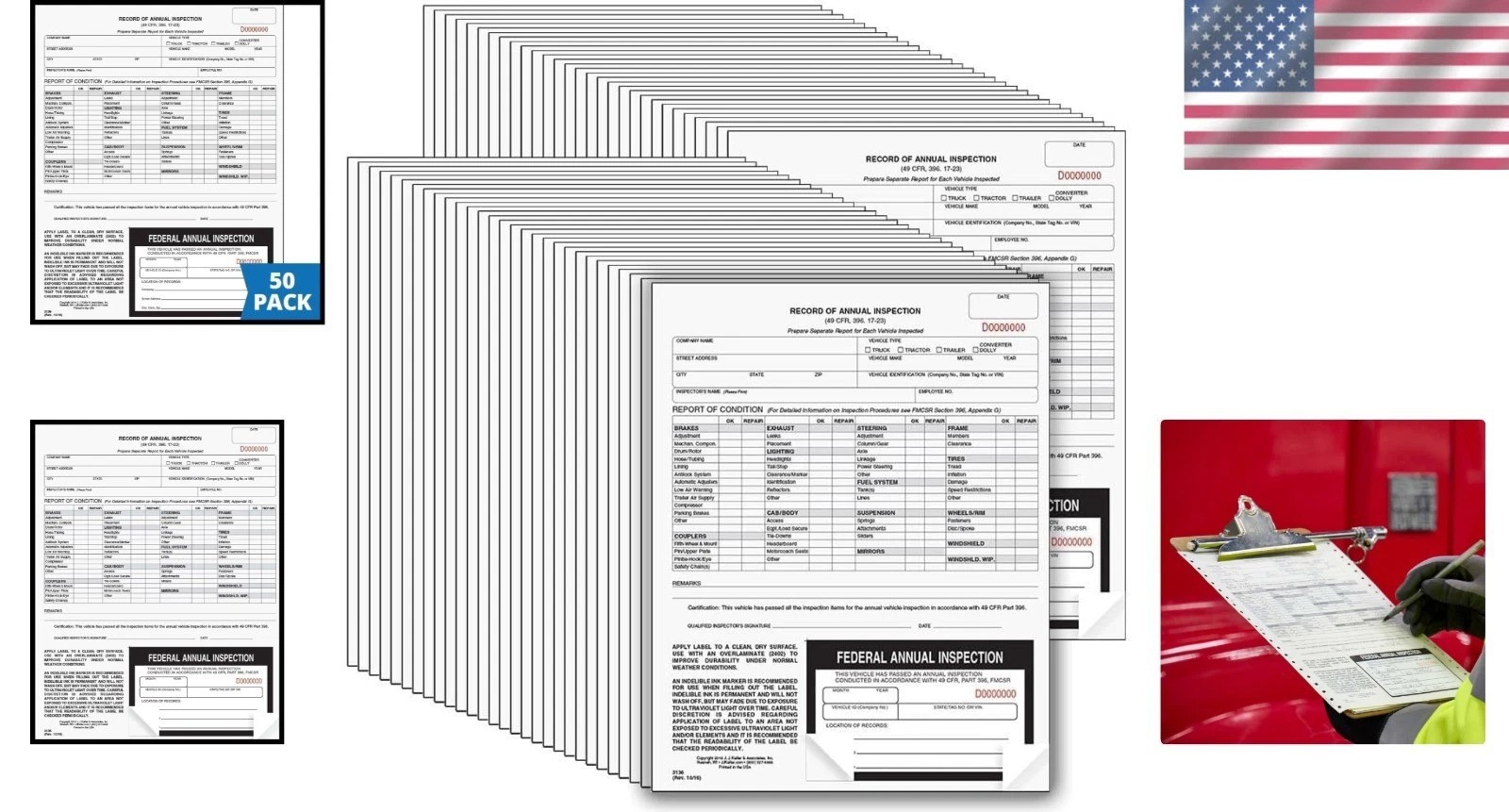 J. J. Keller 50-Pack Inspection Forms – 2-Ply Carbonless, Fade Resistant Labels