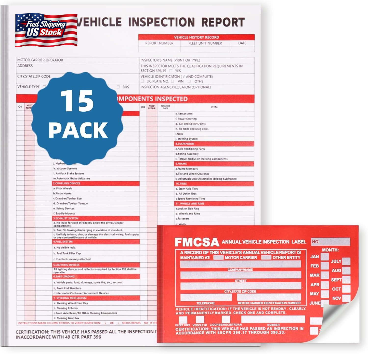 15-Pack Annual Vehicle Inspection Report Form, 3-Ply Carbonless Form and Hardboa
