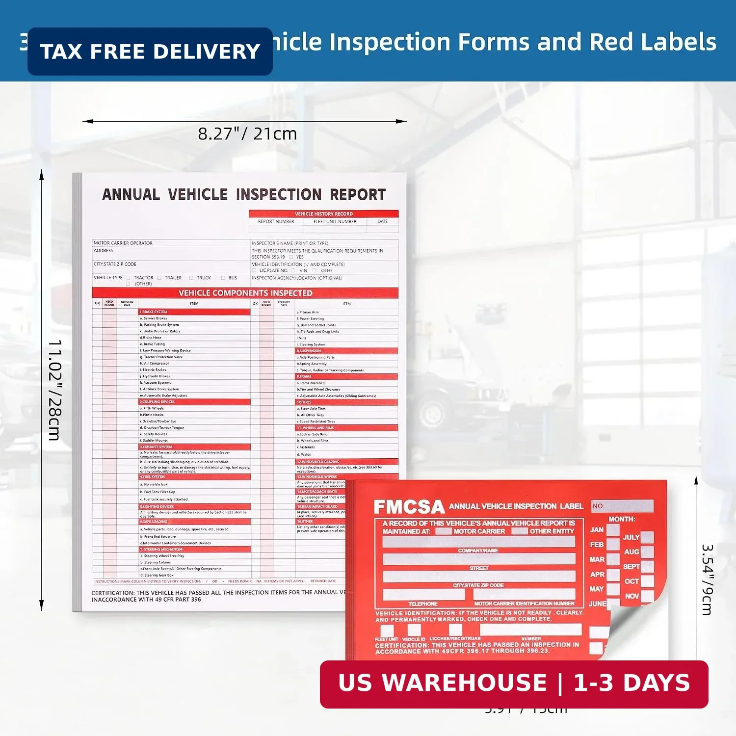 30-Pack Annual Vehicle Inspection Report Form, 3-Ply Carbonless Form and Hardboa